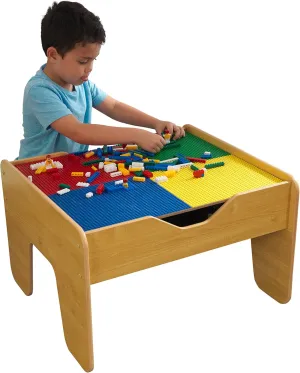 KidKraft 2-in-1 Reversible Top Activity Table with 200 Building Bricks and 30-Piece Wooden Train Set, Natural, Gift for Ages 3 
