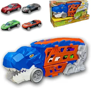 Kids Dino Car Carrier Truck Playset with Track & Launcher – 4 Die-Cast Racing Cars Included – Transporter Truck with Handle - Ages 3 and Up