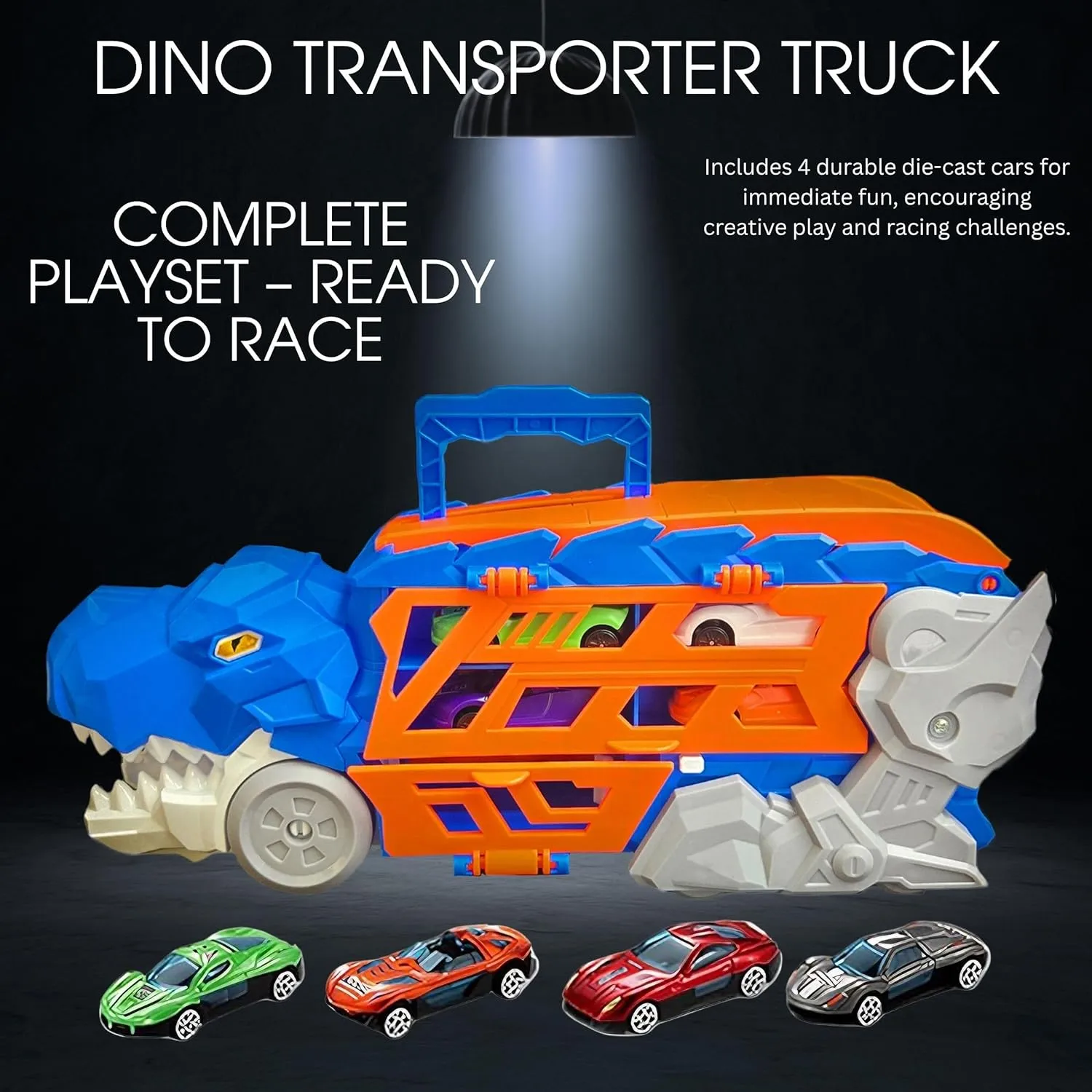 Kids Dino Car Carrier Truck Playset with Track & Launcher – 4 Die-Cast Racing Cars Included – Transporter Truck with Handle - Ages 3 and Up