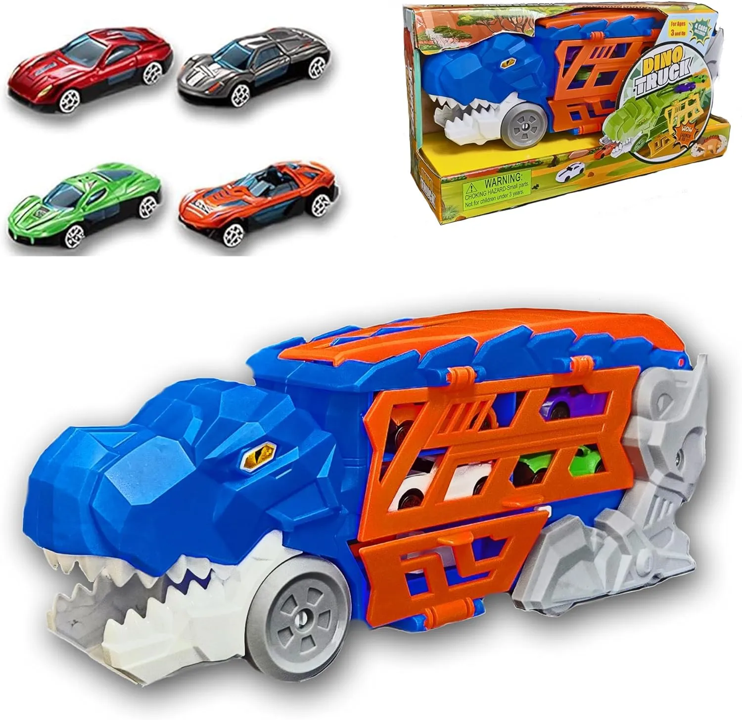 Kids Dino Car Carrier Truck Playset with Track & Launcher – 4 Die-Cast Racing Cars Included – Transporter Truck with Handle - Ages 3 and Up