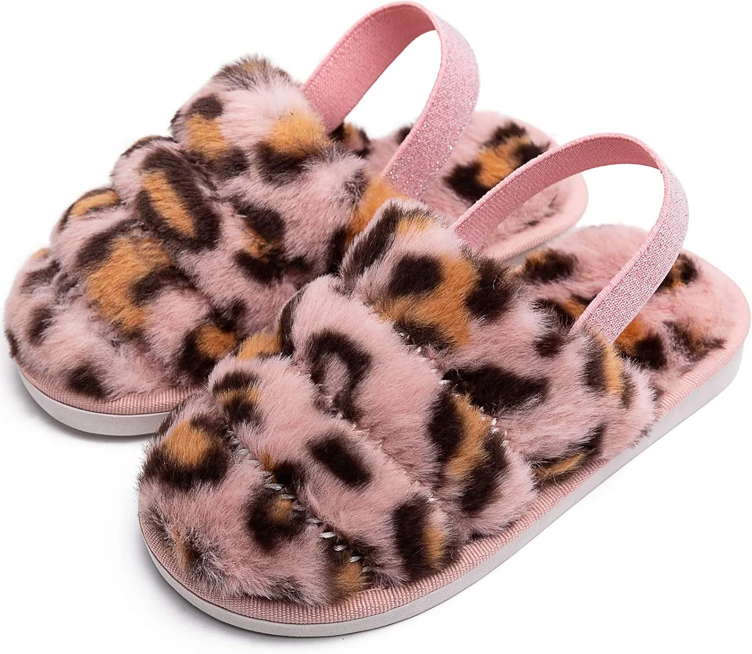 Kids Fluffy Fuzzy Slippers Open Toe House Home Slippers for Boys and Girls Faux Fur Slides with Strap Little Kids Slip-on Shoes