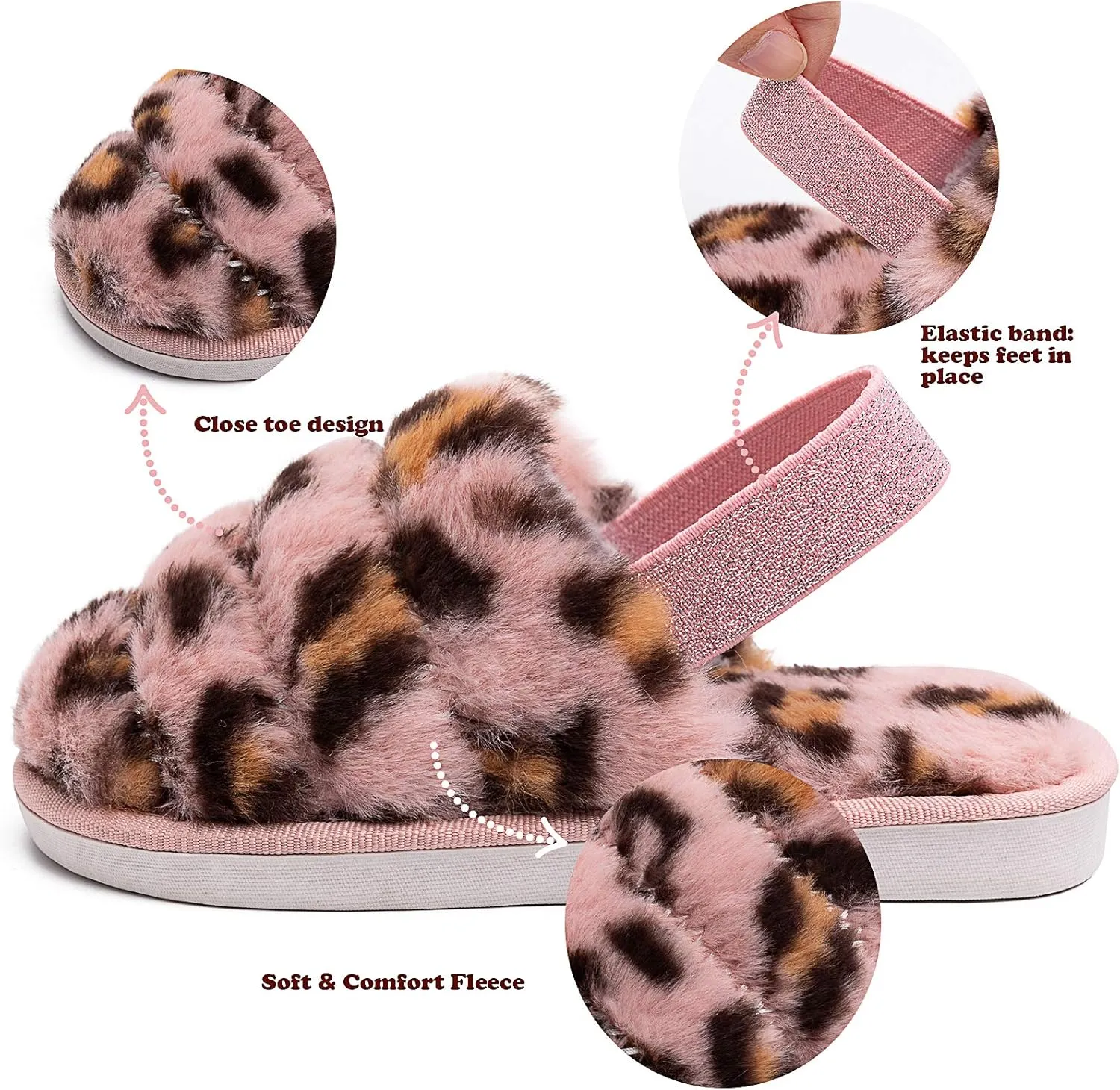 Kids Fluffy Fuzzy Slippers Open Toe House Home Slippers for Boys and Girls Faux Fur Slides with Strap Little Kids Slip-on Shoes