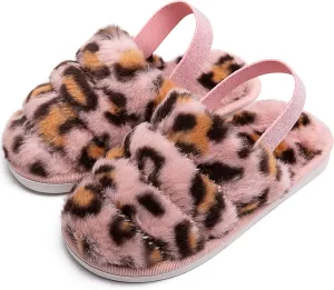 Kids Fluffy Fuzzy Slippers Open Toe House Home Slippers for Boys and Girls Faux Fur Slides with Strap Little Kids Slip-on Shoes