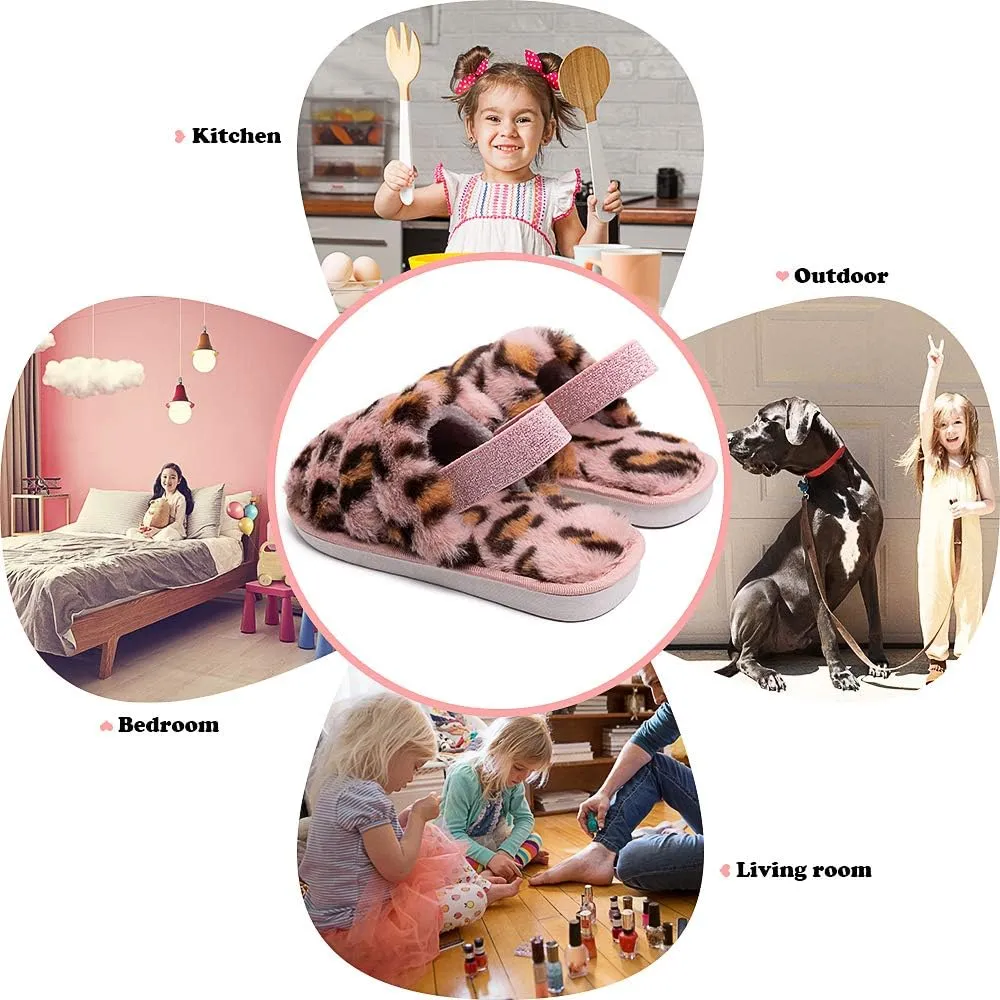 Kids Fluffy Fuzzy Slippers Open Toe House Home Slippers for Boys and Girls Faux Fur Slides with Strap Little Kids Slip-on Shoes