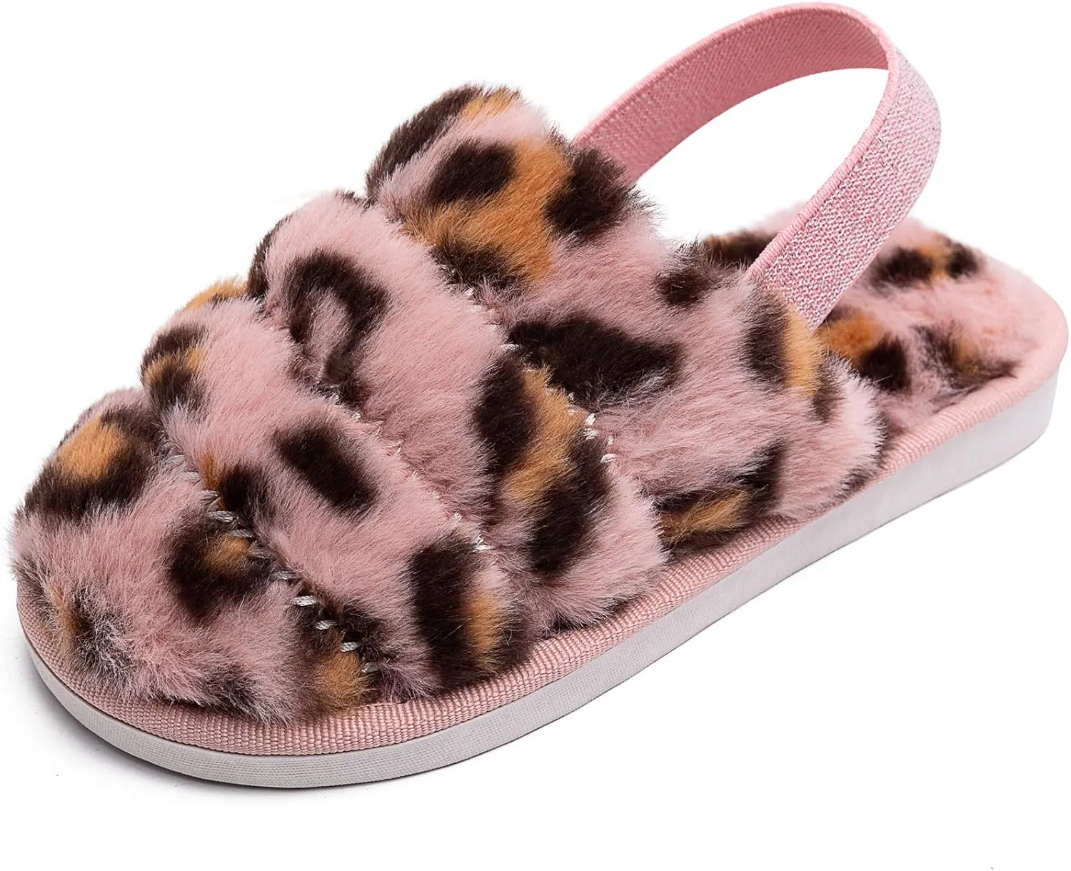 Kids Fluffy Fuzzy Slippers Open Toe House Home Slippers for Boys and Girls Faux Fur Slides with Strap Little Kids Slip-on Shoes