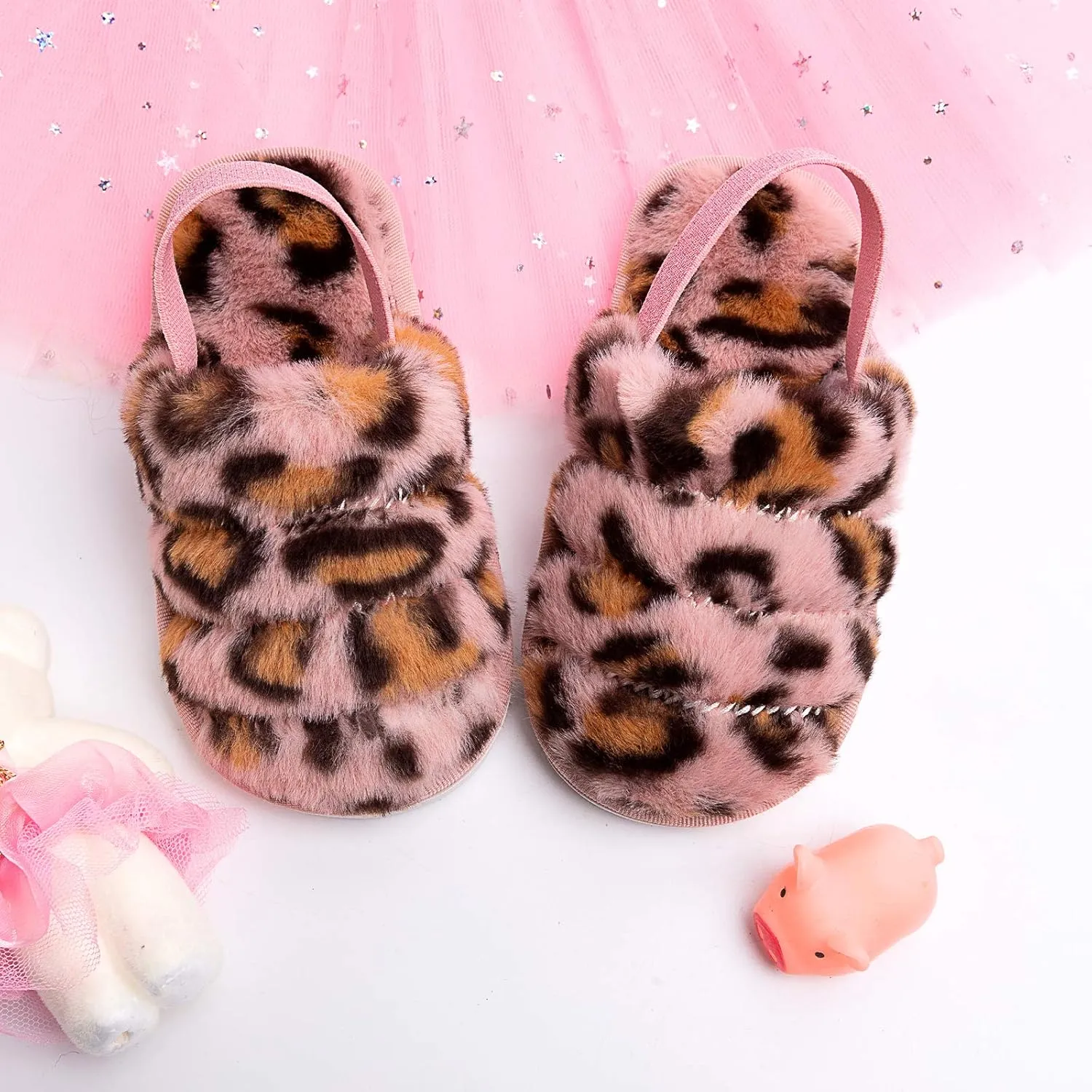 Kids Fluffy Fuzzy Slippers Open Toe House Home Slippers for Boys and Girls Faux Fur Slides with Strap Little Kids Slip-on Shoes