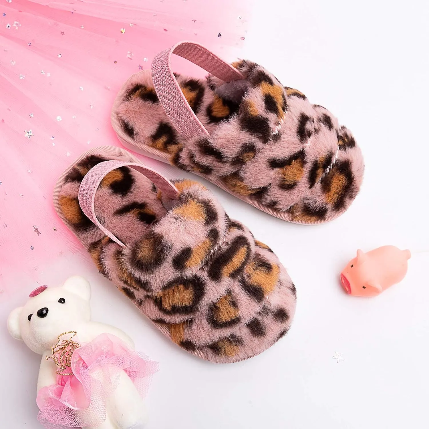 Kids Fluffy Fuzzy Slippers Open Toe House Home Slippers for Boys and Girls Faux Fur Slides with Strap Little Kids Slip-on Shoes