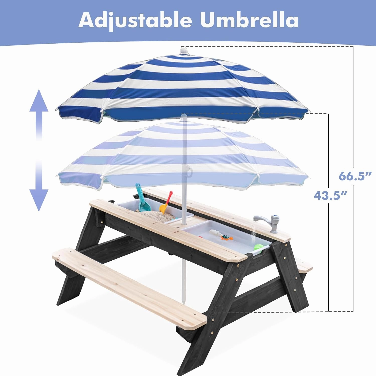 Kids 3-in-1 Sand & Water Activity Table, Wood Outdoor Convertible Picnic Table, 2 Play Boxes, Removable Top with Faucet, Picnic Table for Outdoor Backyard Patio Play (Black/Navy)