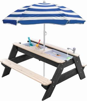 Kids 3-in-1 Sand & Water Activity Table, Wood Outdoor Convertible Picnic Table, 2 Play Boxes, Removable Top with Faucet, Picnic Table for Outdoor Backyard Patio Play (Black/Navy)