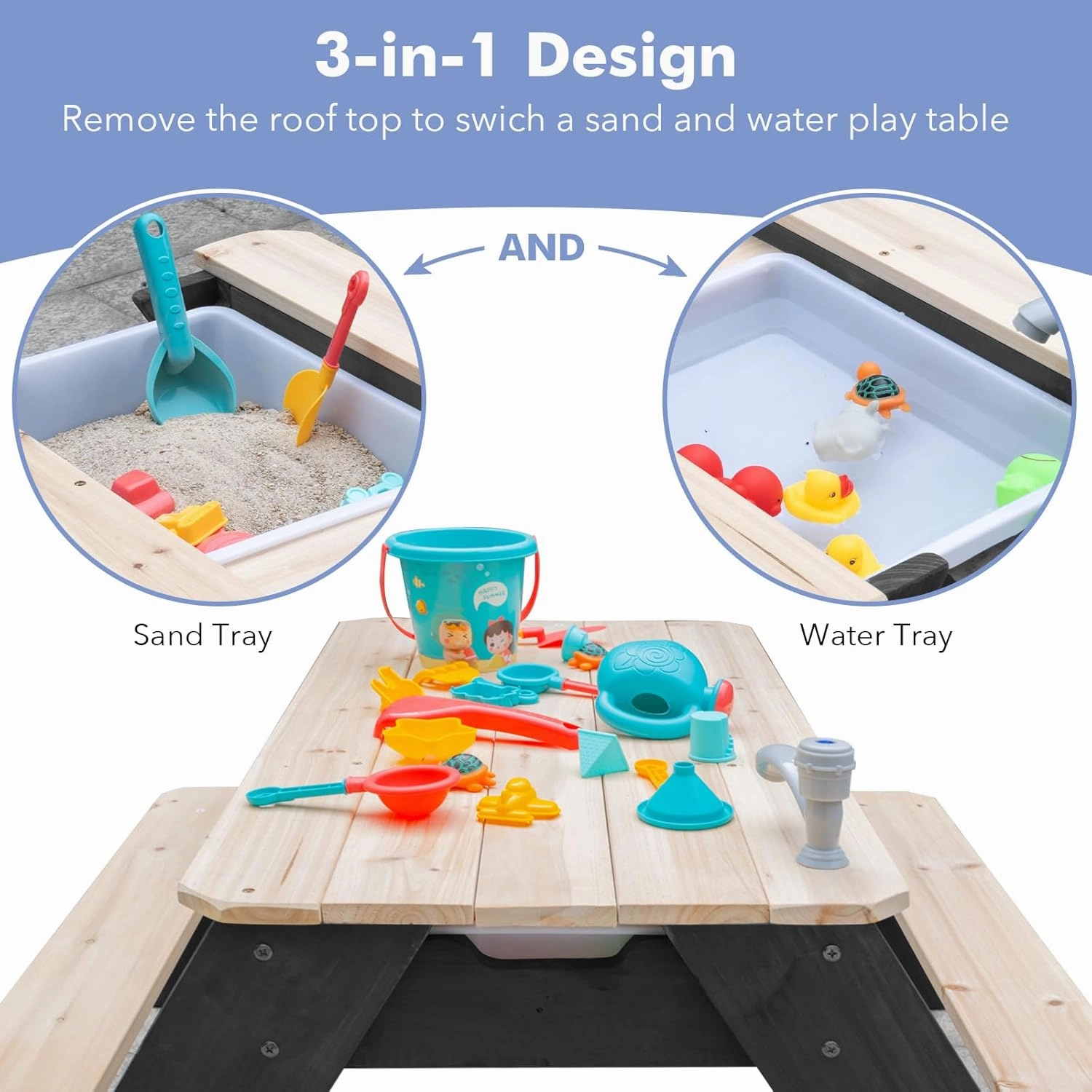 Kids 3-in-1 Sand & Water Activity Table, Wood Outdoor Convertible Picnic Table, 2 Play Boxes, Removable Top with Faucet, Picnic Table for Outdoor Backyard Patio Play (Black/Navy)