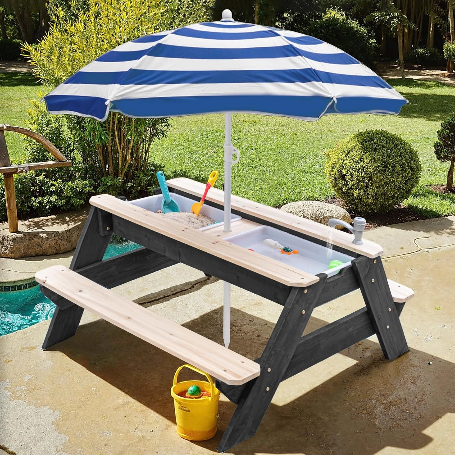 Kids 3-in-1 Sand & Water Activity Table, Wood Outdoor Convertible Picnic Table, 2 Play Boxes, Removable Top with Faucet, Picnic Table for Outdoor Backyard Patio Play (Black/Navy)