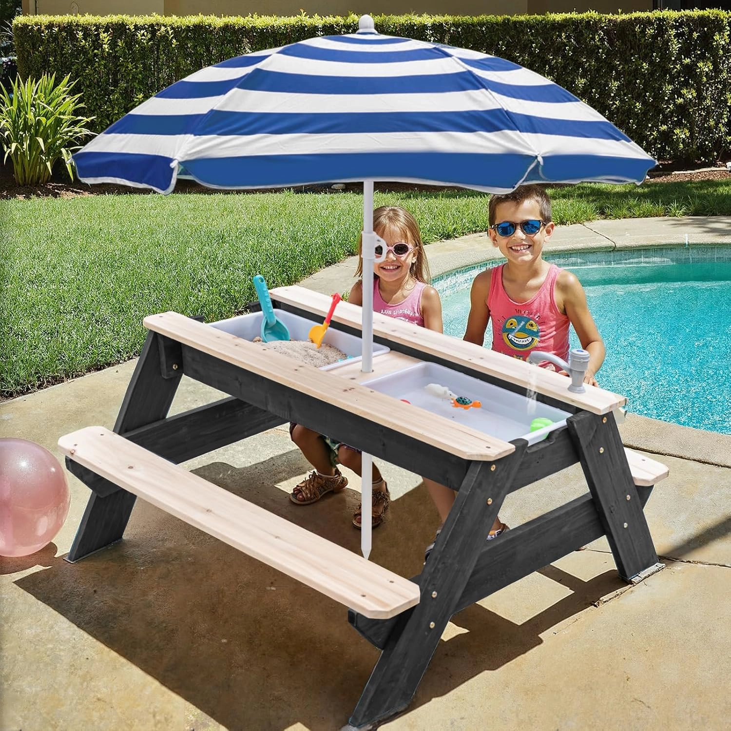 Kids 3-in-1 Sand & Water Activity Table, Wood Outdoor Convertible Picnic Table, 2 Play Boxes, Removable Top with Faucet, Picnic Table for Outdoor Backyard Patio Play (Black/Navy)