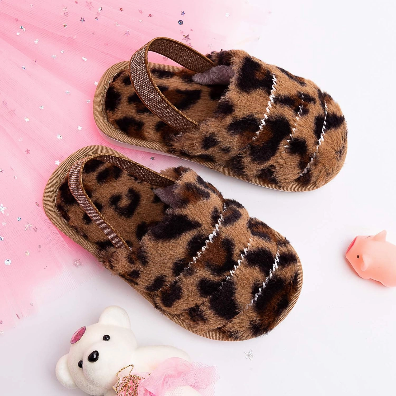 Kids Fluffy Fuzzy Slippers Open Toe House Home Slippers for Boys and Girls Faux Fur Slides with Strap Little Kids Slip-on Shoes