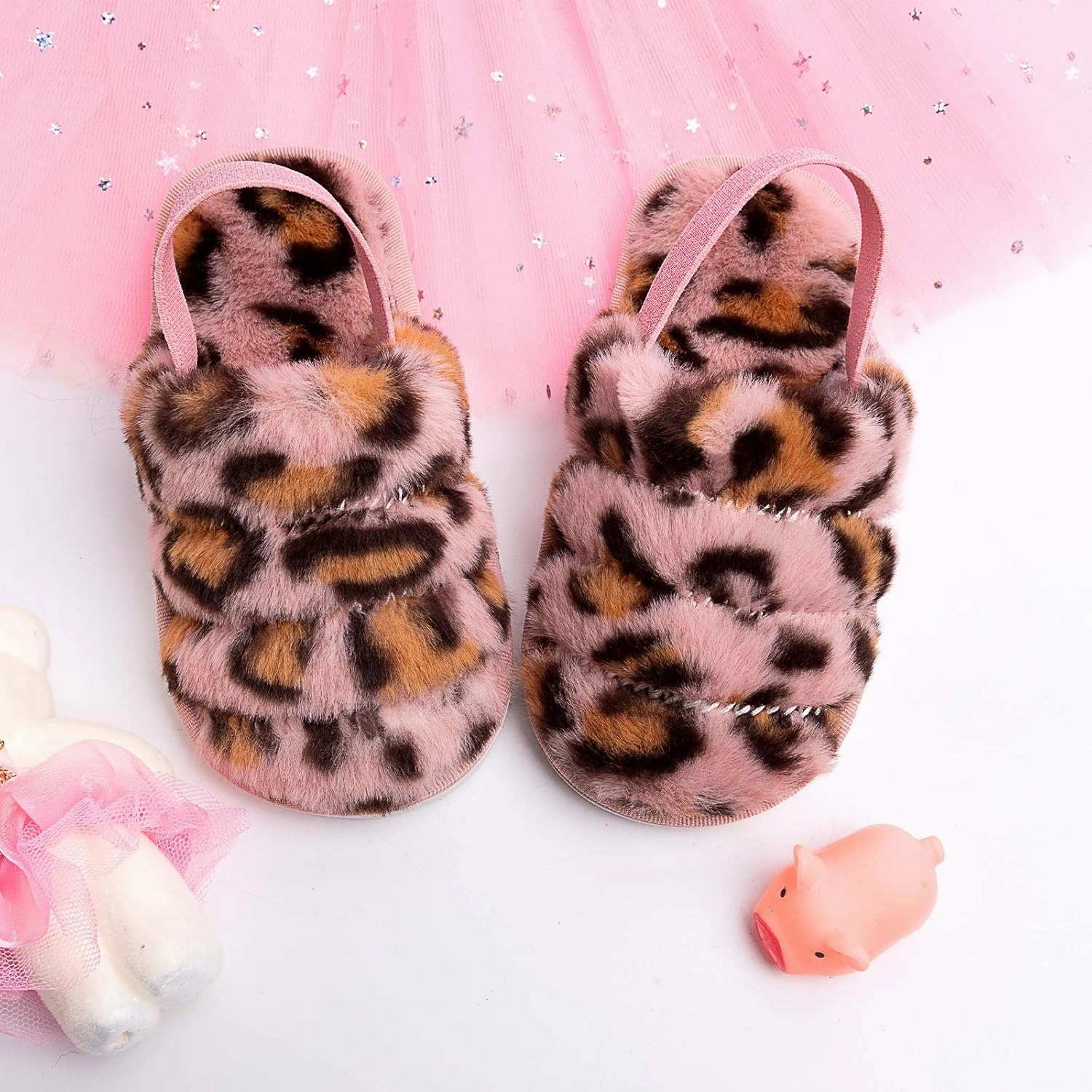 Kids Fluffy Fuzzy Slippers Open Toe House Home Slippers for Boys and Girls Faux Fur Slides with Strap Little Kids Slip-on Shoes