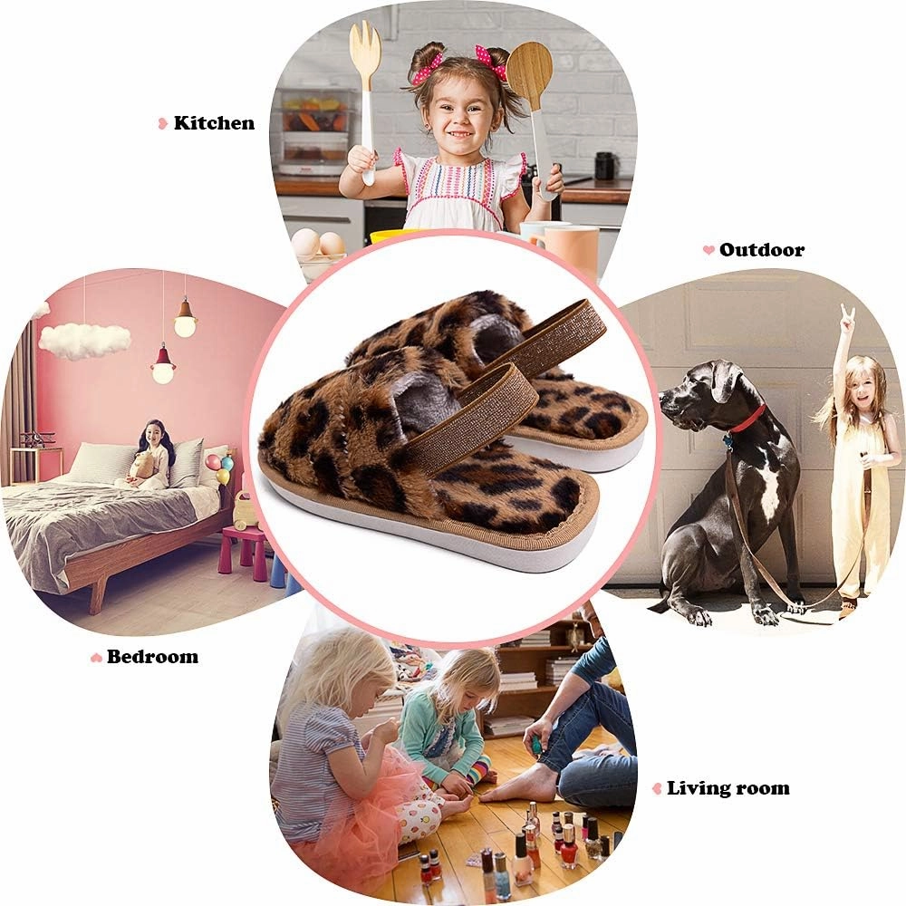 Kids Fluffy Fuzzy Slippers Open Toe House Home Slippers for Boys and Girls Faux Fur Slides with Strap Little Kids Slip-on Shoes