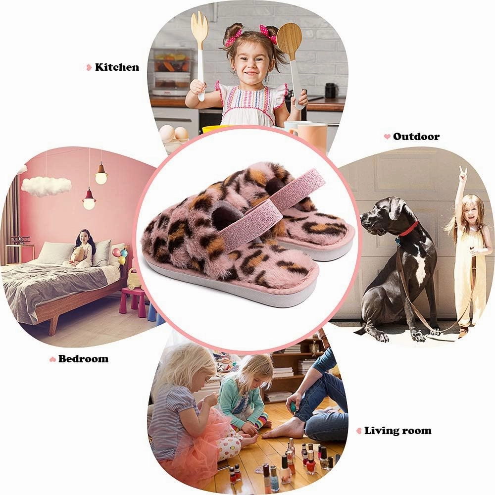 Kids Fluffy Fuzzy Slippers Open Toe House Home Slippers for Boys and Girls Faux Fur Slides with Strap Little Kids Slip-on Shoes