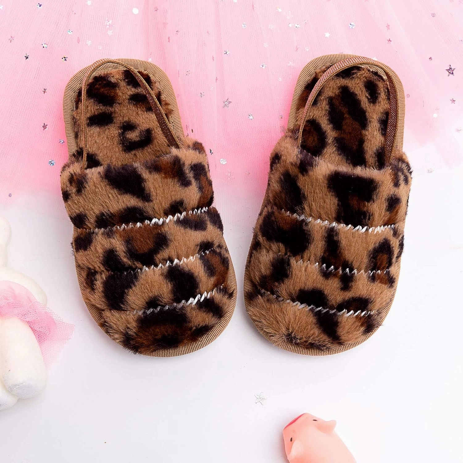 Kids Fluffy Fuzzy Slippers Open Toe House Home Slippers for Boys and Girls Faux Fur Slides with Strap Little Kids Slip-on Shoes