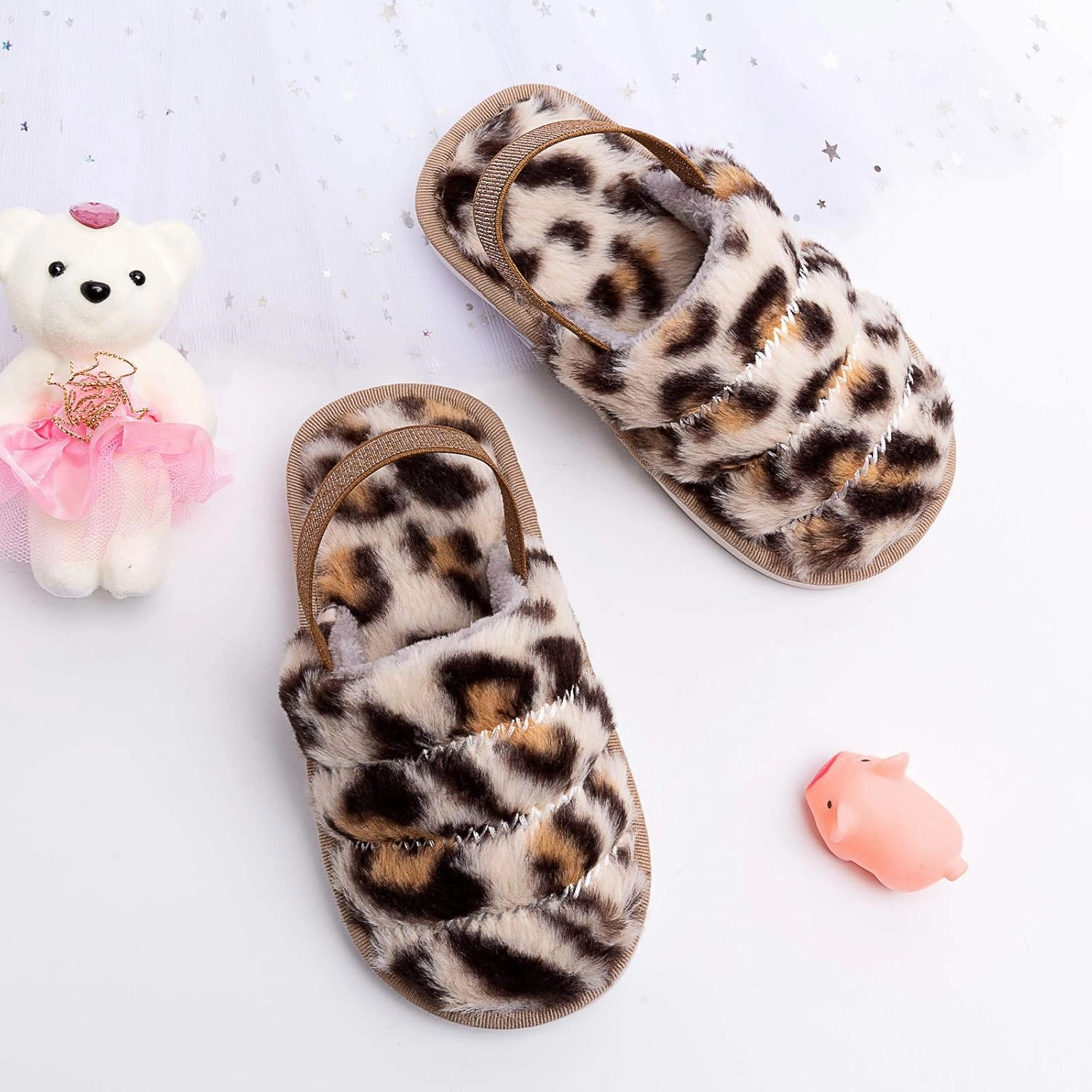 Kids Fluffy Fuzzy Slippers Open Toe House Home Slippers for Boys and Girls Faux Fur Slides with Strap Little Kids Slip-on Shoes