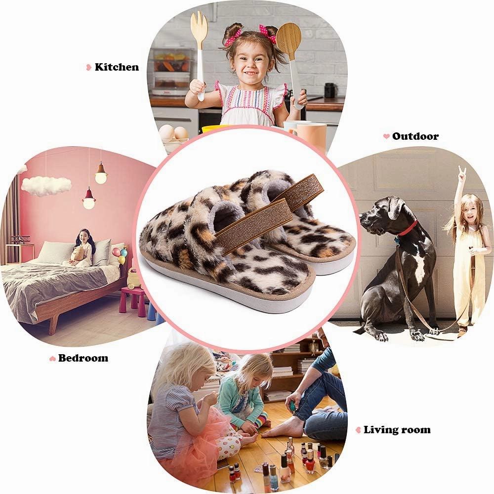 Kids Fluffy Fuzzy Slippers Open Toe House Home Slippers for Boys and Girls Faux Fur Slides with Strap Little Kids Slip-on Shoes