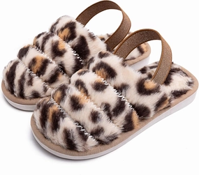Kids Fluffy Fuzzy Slippers Open Toe House Home Slippers for Boys and Girls Faux Fur Slides with Strap Little Kids Slip-on Shoes