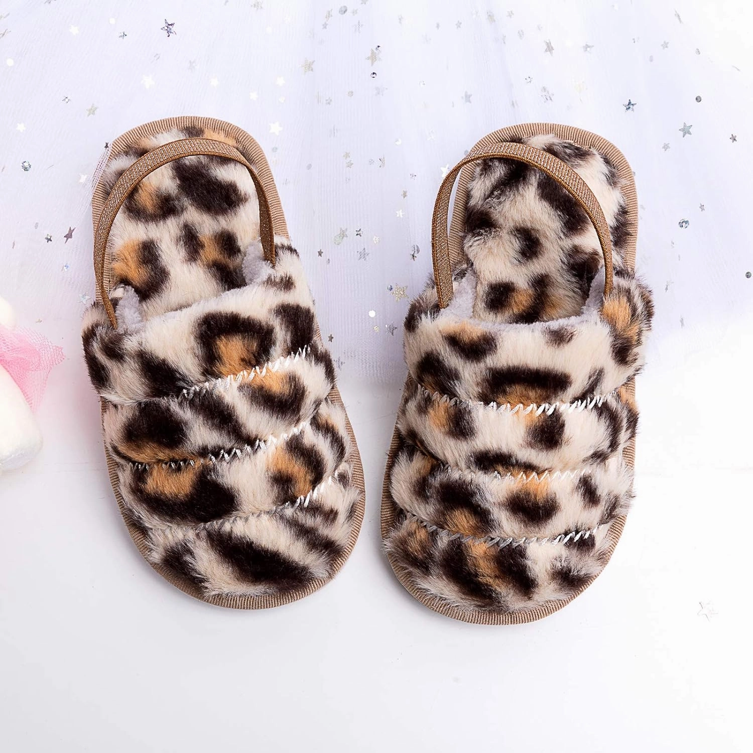 Kids Fluffy Fuzzy Slippers Open Toe House Home Slippers for Boys and Girls Faux Fur Slides with Strap Little Kids Slip-on Shoes