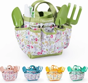 Kids Gardening Set Toys, Quality Garden Tool Kit for Kids and Toddlers, Includes Two Shovels, Garden hat,Rake, Apron,Gloves, Watering Can, and Tool Bag (Green)