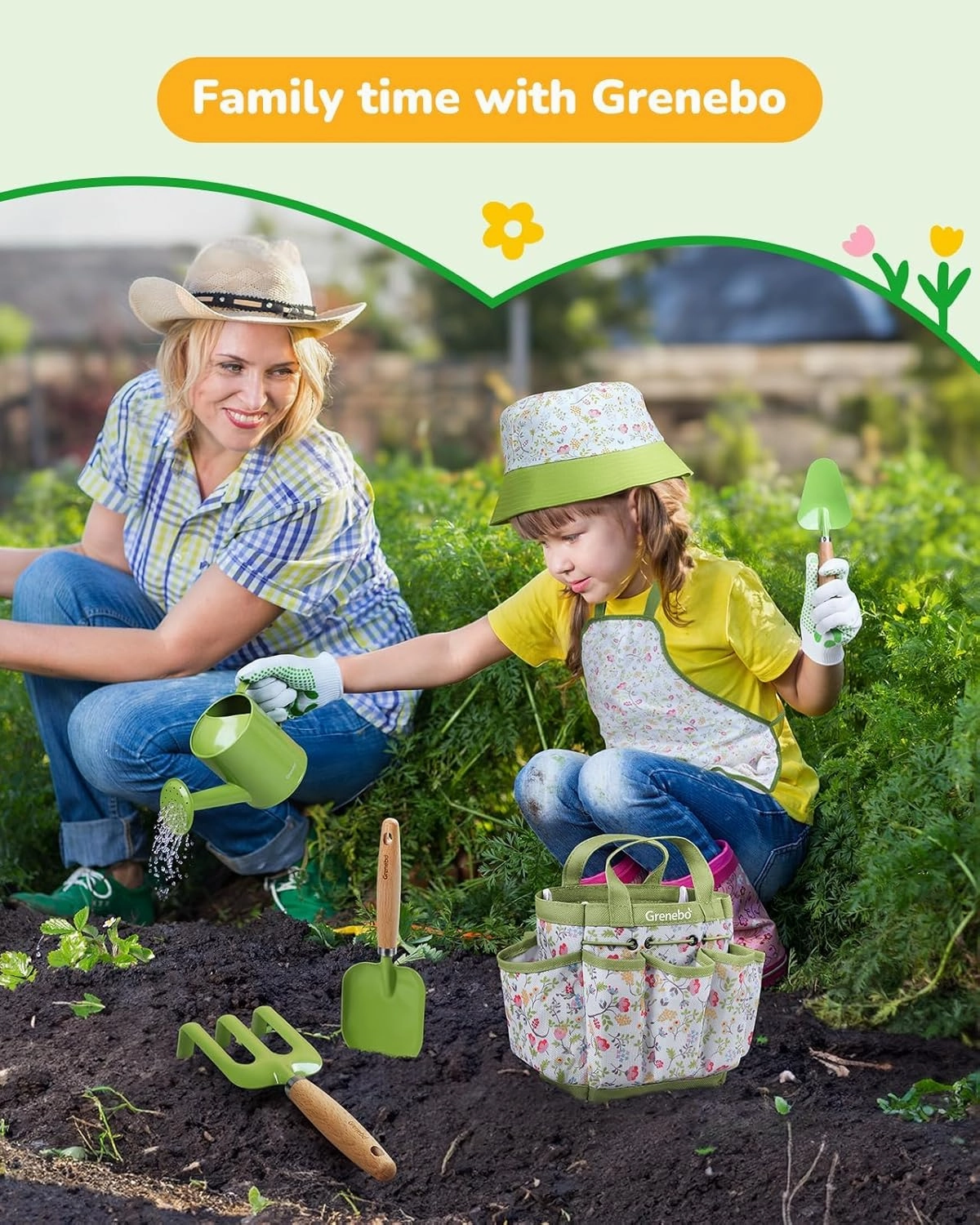 Kids Gardening Set Toys, Quality Garden Tool Kit for Kids and Toddlers, Includes Two Shovels, Garden hat,Rake, Apron,Gloves, Watering Can, and Tool Bag (Green)