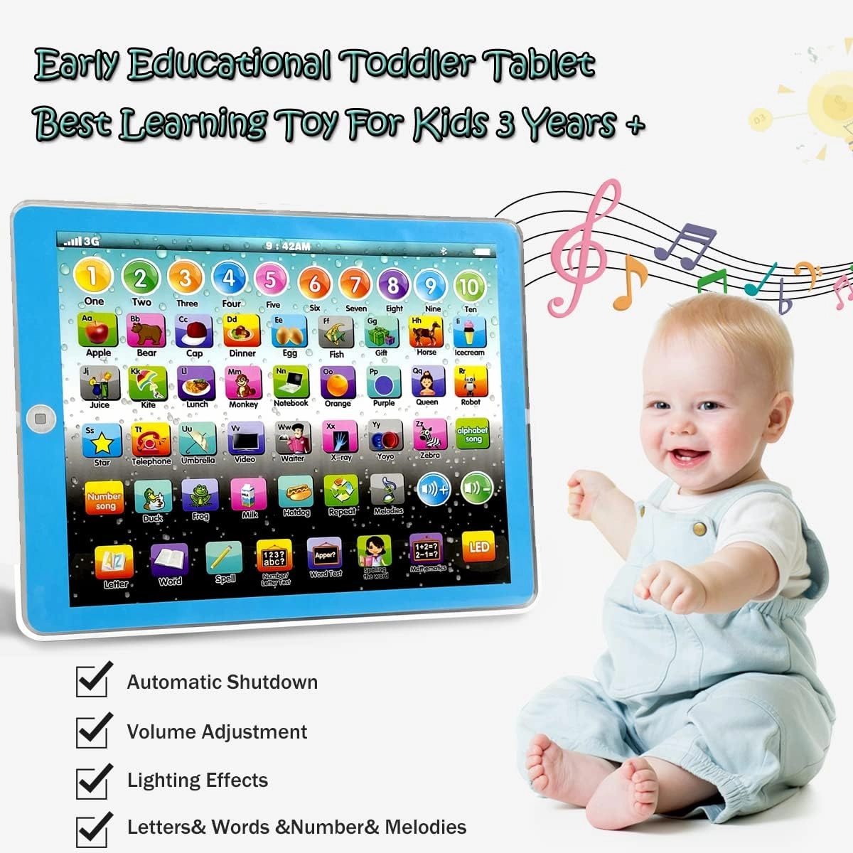 Kids Tablet Learning Pad Toddler Tablet with ABC Word Song Music Number Electronic Interactive Toy for Educational Preschool Boys & Girls 3 4 5 Years Old