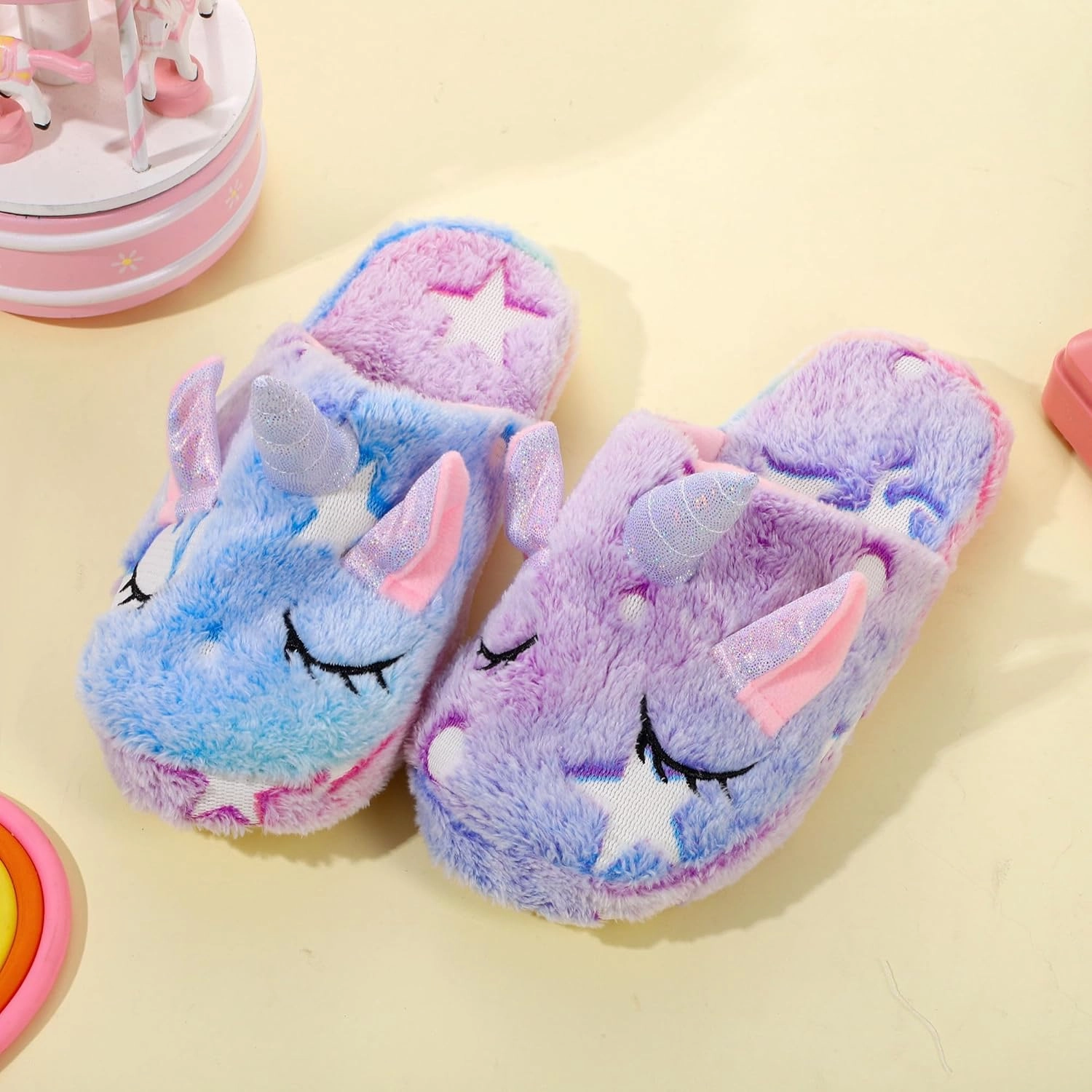 Kids Unicorn Slippers for Boys Girls Toddler Fuzzy Slippers Children House Slippers with Anti Slip Soles Glow in the Dark