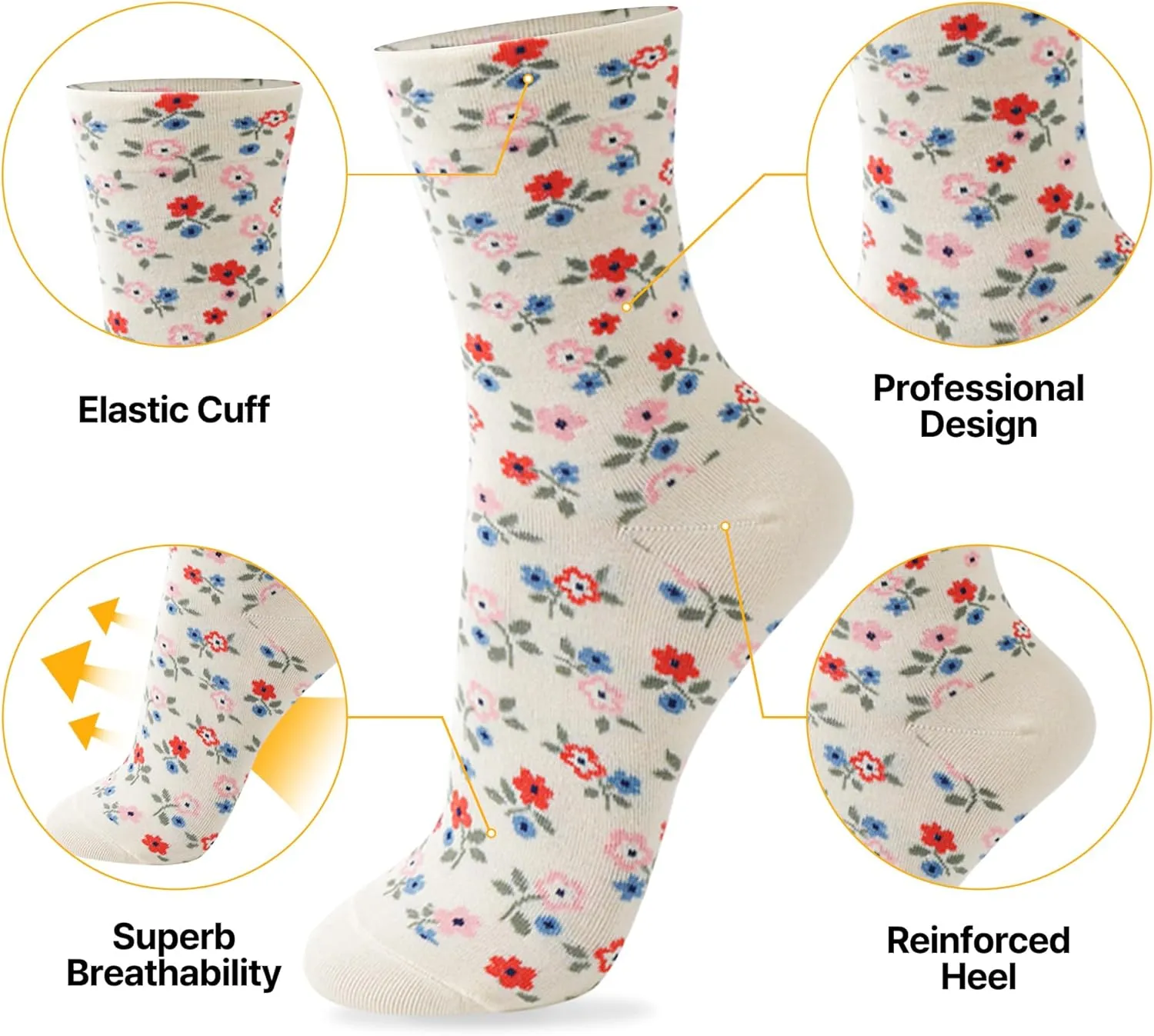 kikiya socks Women Crew | 4-6 Pairs Flower Heart Dots Graphic Tube Striped Cotton Socks | Calcetas Para Mujer | Size 6-8