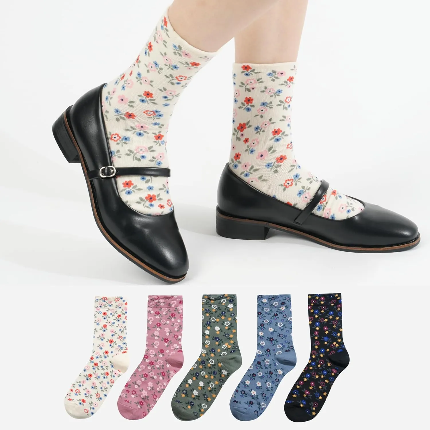 kikiya socks Women Crew | 4-6 Pairs Flower Heart Dots Graphic Tube Striped Cotton Socks | Calcetas Para Mujer | Size 6-8