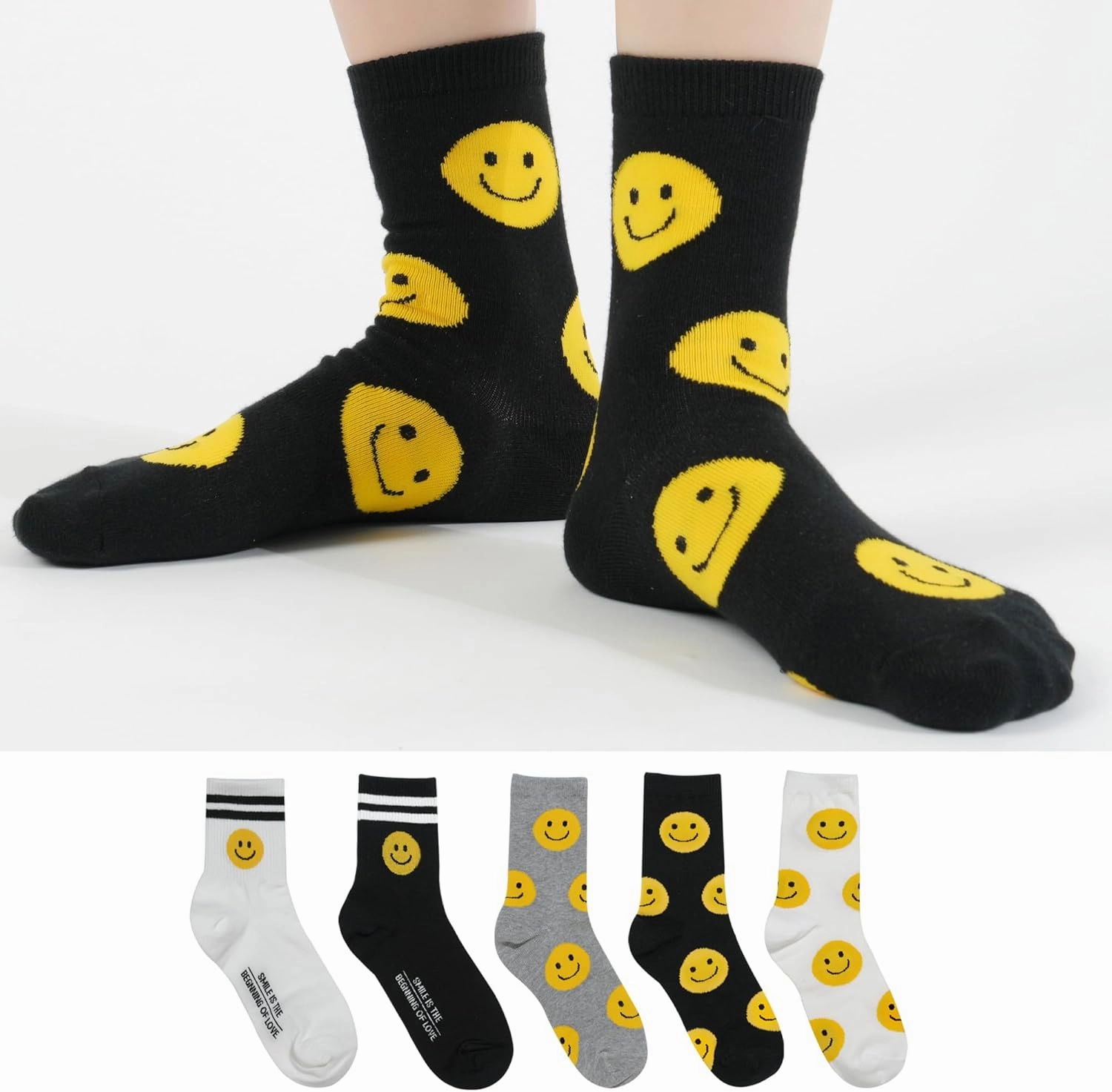 kikiya socks Women Crew | 4-6 Pairs Cute Smiley Face Fun Animal Crazy Character Cotton Socks | Calcetas Para Mujer | Size 6-8