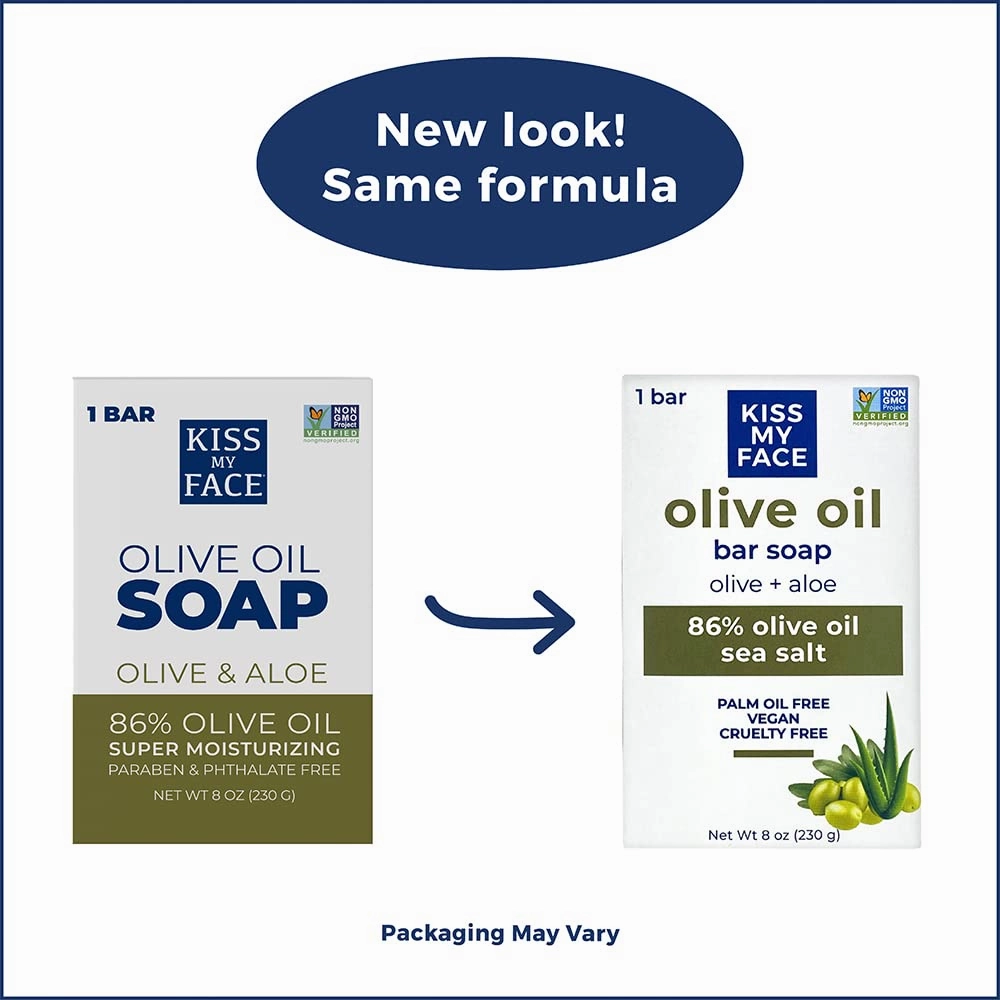 Kiss My Face Pure Olive Oil and Aloe Vera Moisturizing Bar Soap, 8 Ounce, 3 Pack (Packaging May Vary)