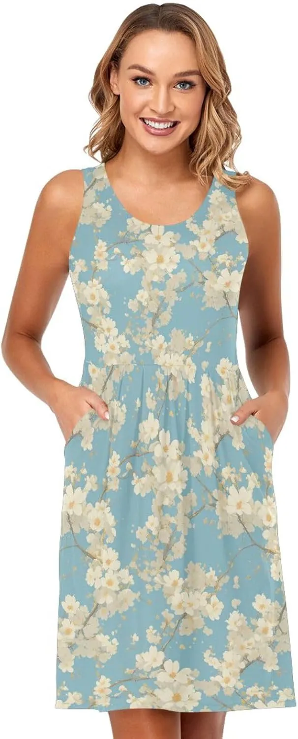 KLL Cherry Blossoms Women's Beach Vacation Dresses Fashion Sleeveless Holiday Mini Sundress Casual