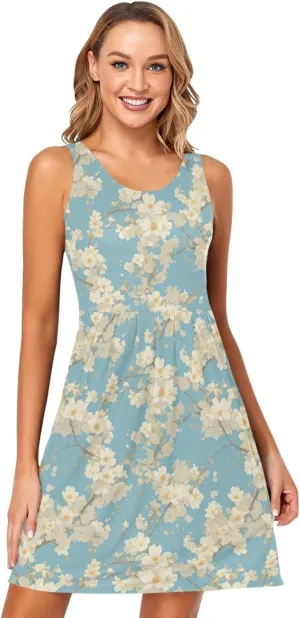 KLL Cherry Blossoms Women's Beach Vacation Dresses Fashion Sleeveless Holiday Mini Sundress Casual