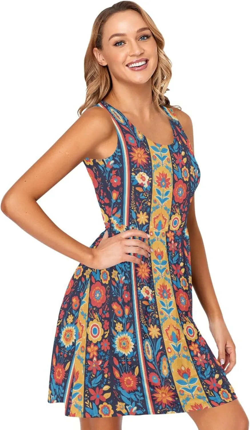 KLL Vector Illustration Ukrainian Folk Pattern Womens Beach Dress Swing Sleeveless Beach Sundress Crewneck
