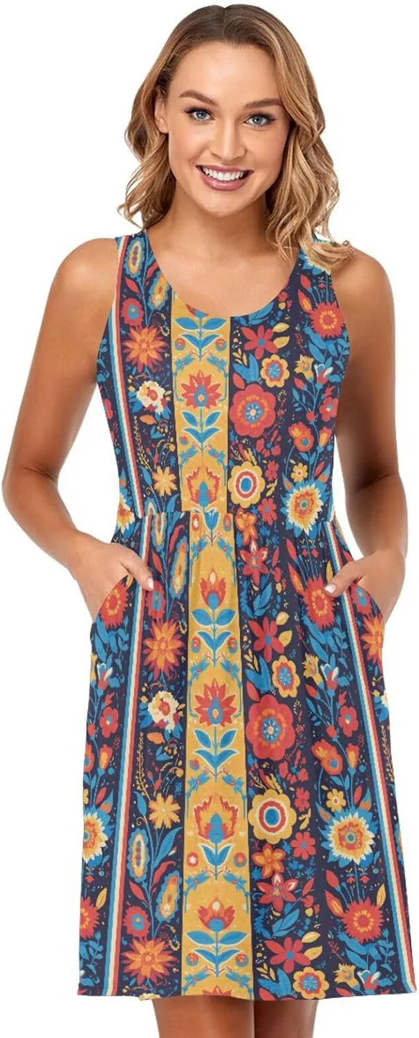 KLL Vector Illustration Ukrainian Folk Pattern Womens Beach Dress Swing Sleeveless Beach Sundress Crewneck