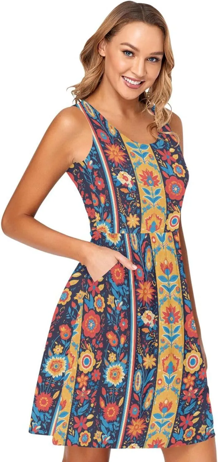 KLL Vector Illustration Ukrainian Folk Pattern Womens Beach Dress Swing Sleeveless Beach Sundress Crewneck