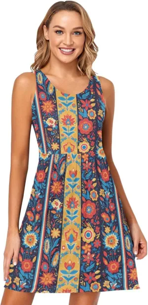 KLL Vector Illustration Ukrainian Folk Pattern Womens Beach Dress Swing Sleeveless Beach Sundress Crewneck