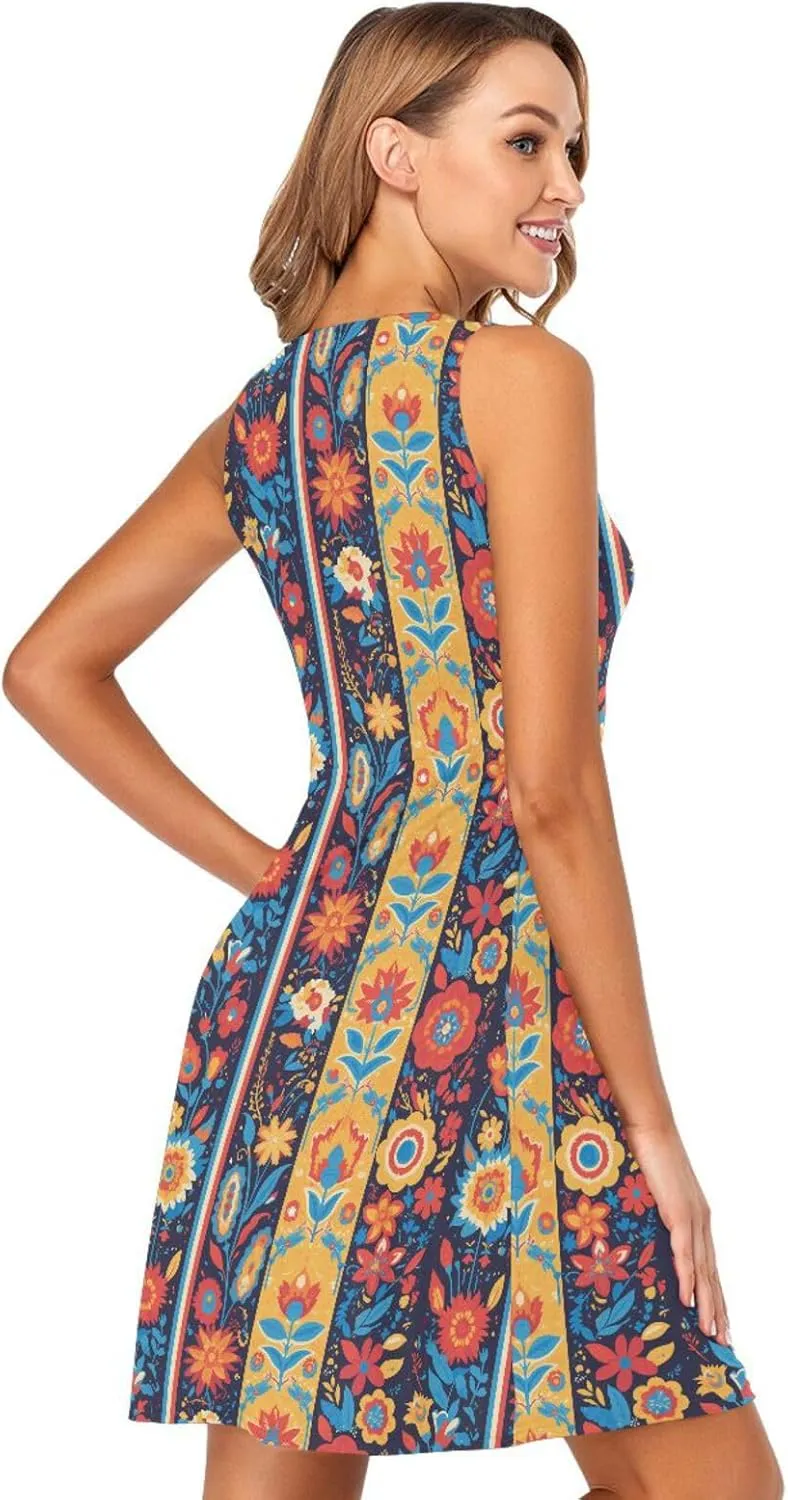 KLL Vector Illustration Ukrainian Folk Pattern Womens Beach Dress Swing Sleeveless Beach Sundress Crewneck