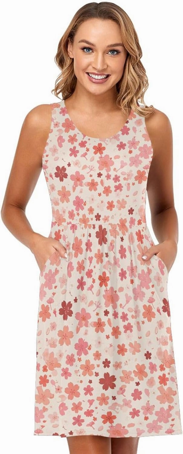 KLL Cherry Blossoms Women Tank Dresses Loose Sleeveless Party Tshirt Sundresses Summer