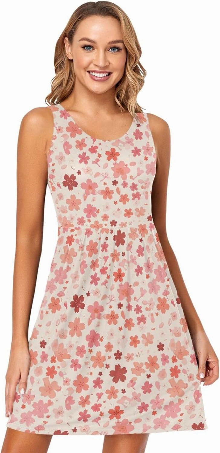 KLL Cherry Blossoms Women Tank Dresses Loose Sleeveless Party Tshirt Sundresses Summer