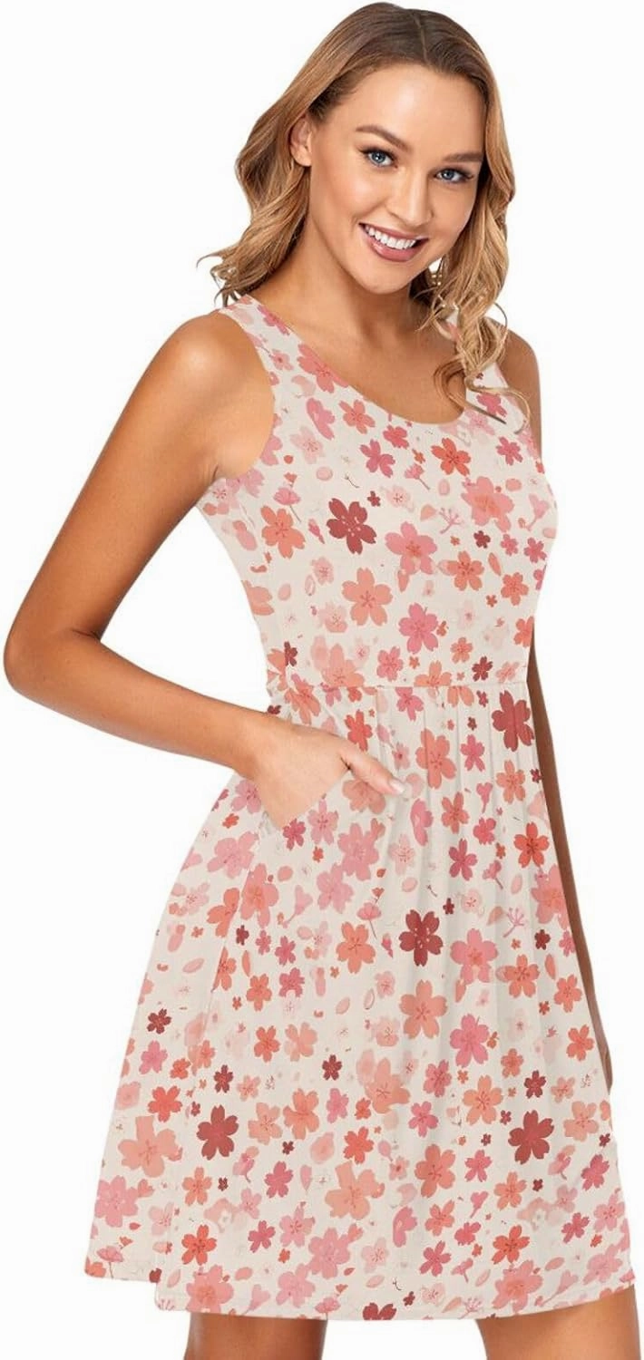 KLL Cherry Blossoms Women Tank Dresses Loose Sleeveless Party Tshirt Sundresses Summer