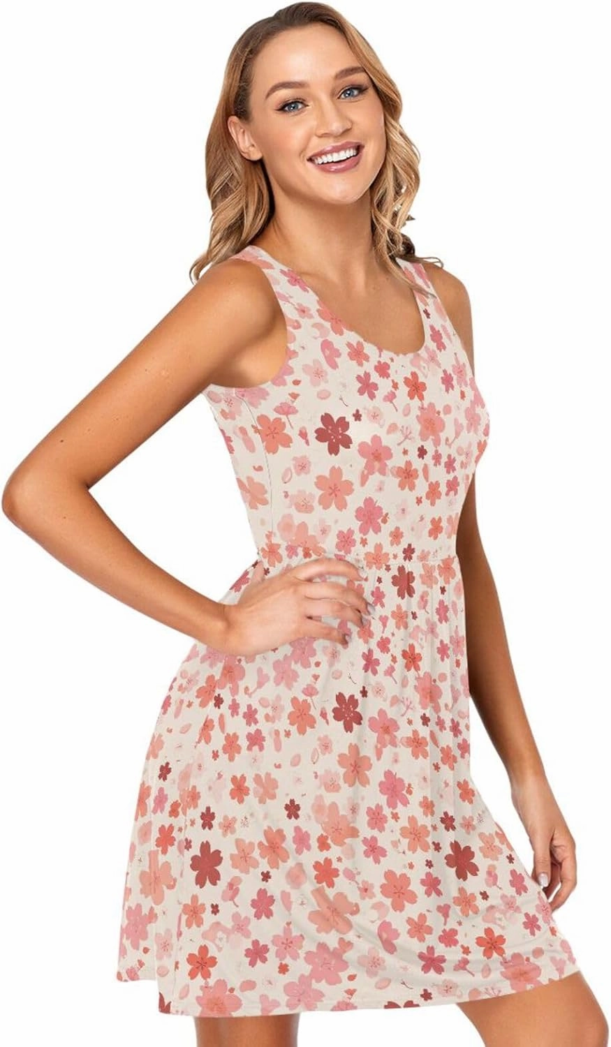KLL Cherry Blossoms Women Tank Dresses Loose Sleeveless Party Tshirt Sundresses Summer