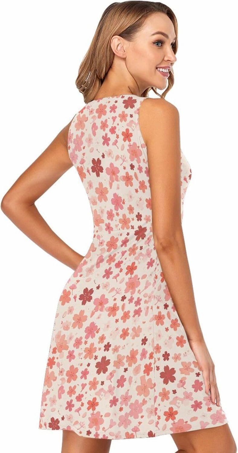 KLL Cherry Blossoms Women Tank Dresses Loose Sleeveless Party Tshirt Sundresses Summer