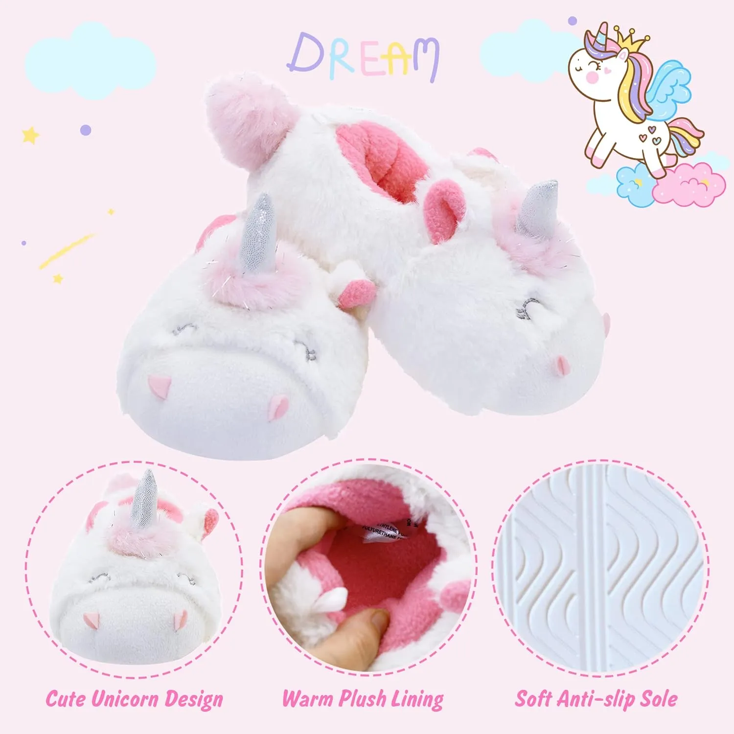 LA PLAGE Girls Unicorn Slippers for Toddler Kid Comfortable Wave-like Cozy Soft House Slippers for Toddler Girl