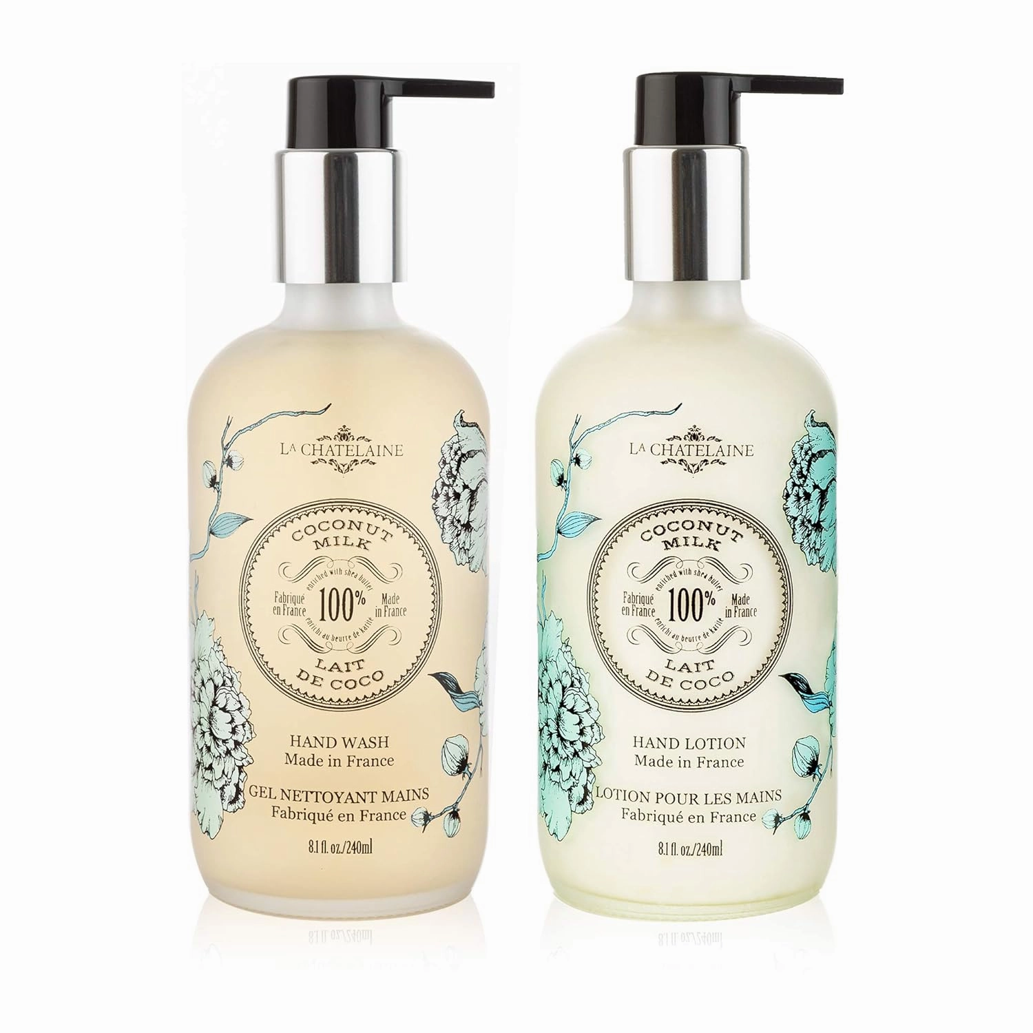 La Chatelaine Hand Wash & Lotion Set | Sulfate Free | Frosted Glass Bottles | Nourishing Shea Butter Formula | Natural and Organic | Made in France | 2 x 8.1 oz. (Coconut Milk)
