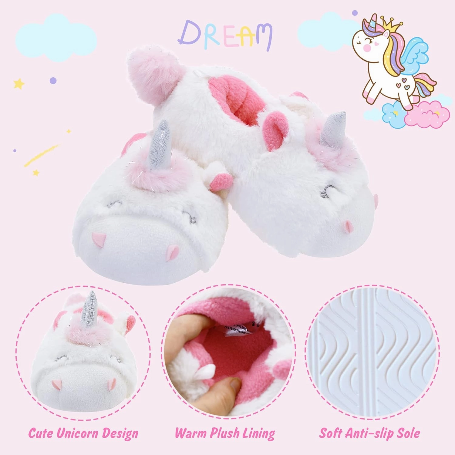 LA PLAGE Girls Unicorn Slippers for Toddler Kid Comfortable Wave-like Cozy Soft House Slippers for Toddler Girl