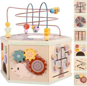 Large Wooden Activity Cube for Toddlers, 9 in 1 Educational Baby Activity Cube, Montessori Toys for 1  Year Old Boys & Girls, Cute Zoo Theme Baby Cube Toy Sorting & Stacking Game, 1st Birthday Gift