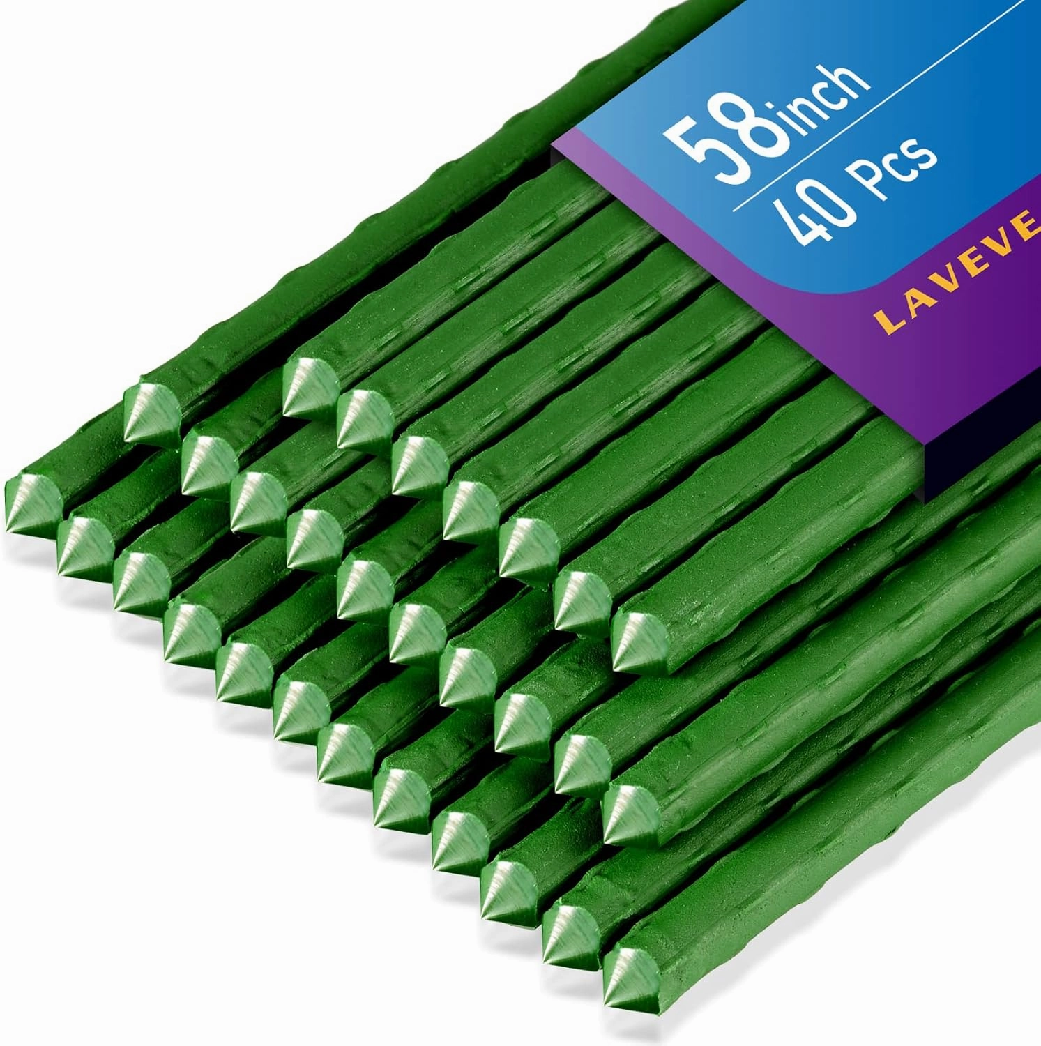 LAVEVE Garden Stakes 58 Inches Heavy Duty Steel Tomato Stake, Plastic Coated Support for Securing Trees, Climbing Plants, Cucumber, Beans, Pack of 40